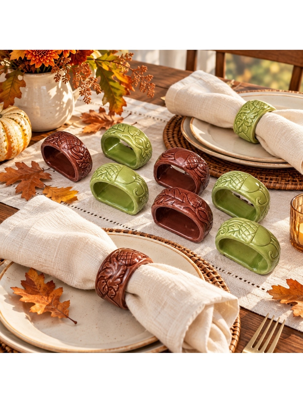 Acorn Napkin Rings Set of 8 Ceramic Green and Brown Fall Table Decor